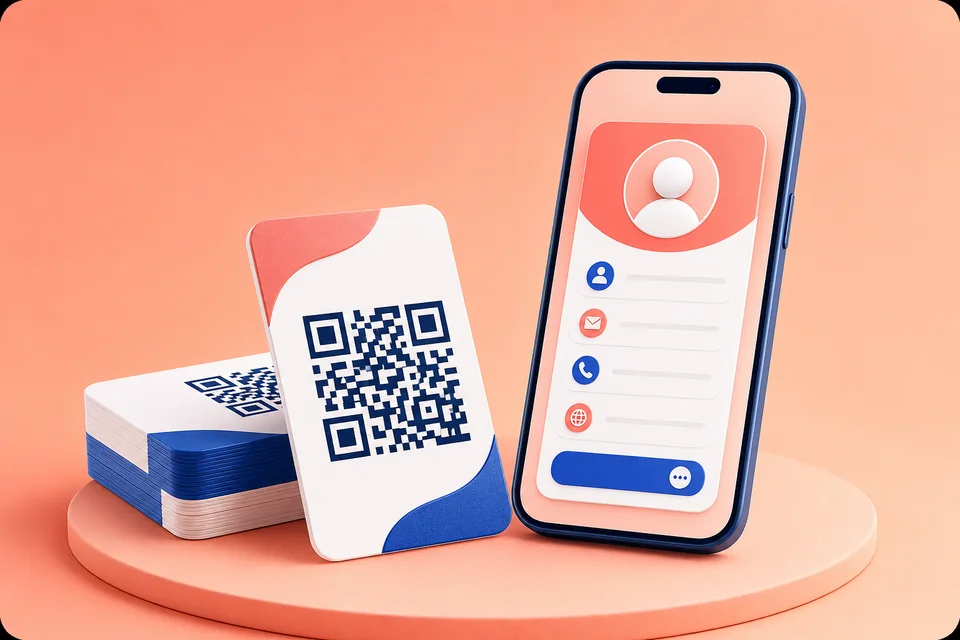 3D business cards and a contact profile featuring QR codes