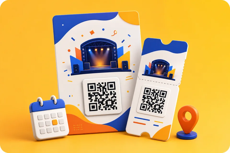 3D event flyer and ticket featuring QR codes
